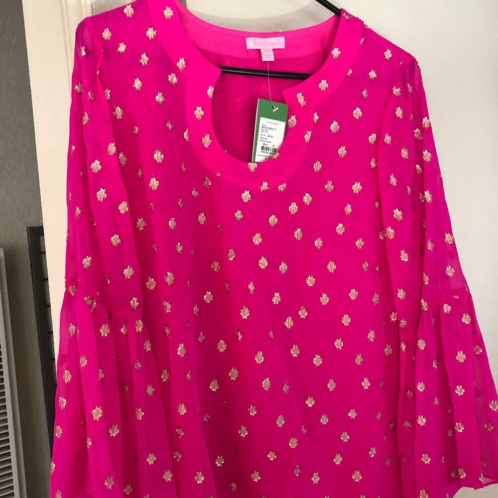 Lilly Pulitzer Hot Pink Blouse with Gold Foil Motif